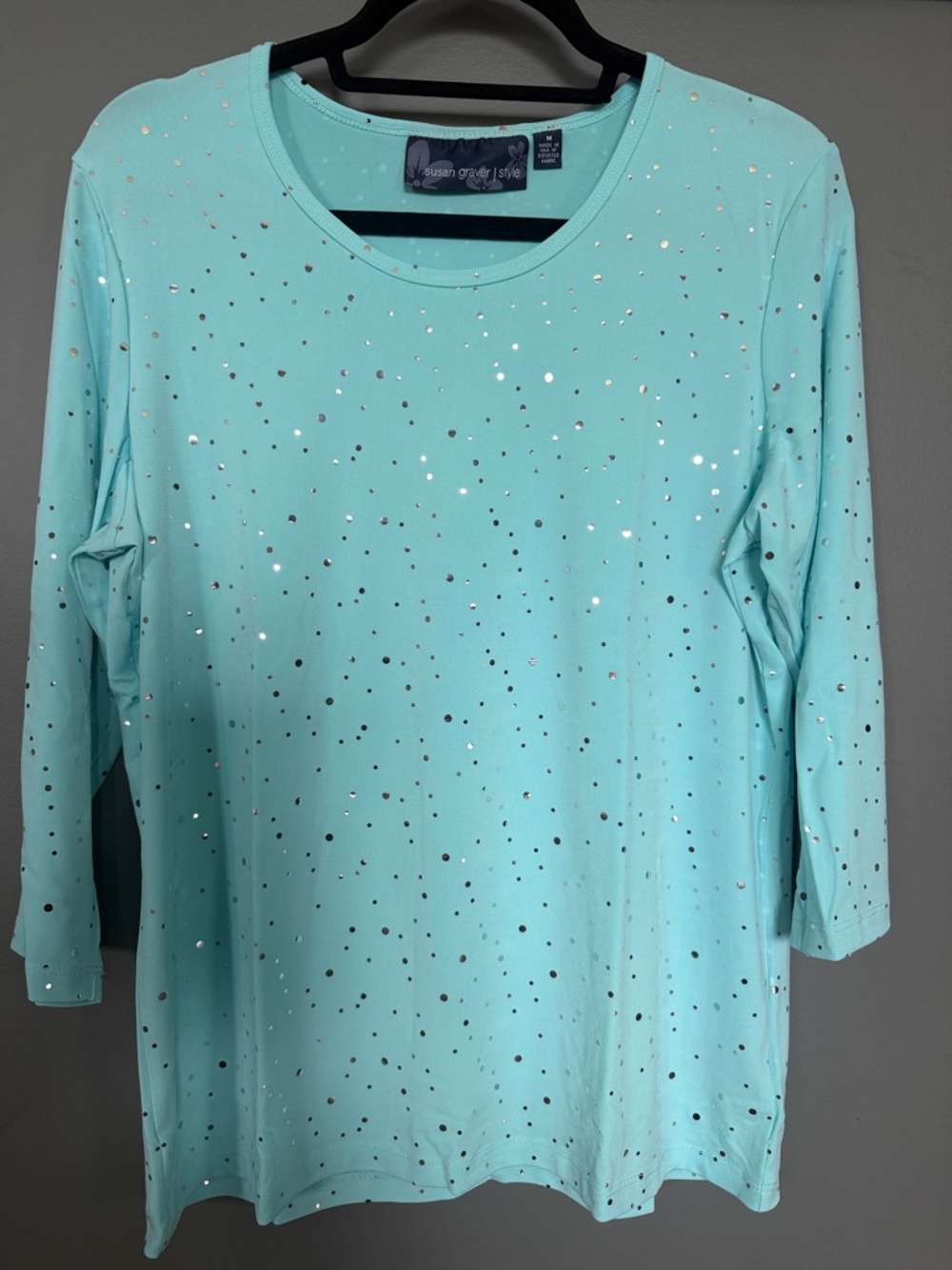Susan Graver Topaz 3/4 Sleeve Top with Metallic Dot Detail